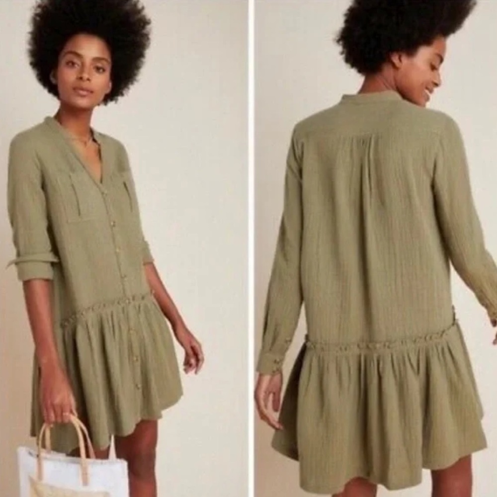 MAEVE ANTHROPOLOGIE KATIE TEXTURED UTILITY TUNIC DRESS OLIVE GREEN COTTON SIZE 8